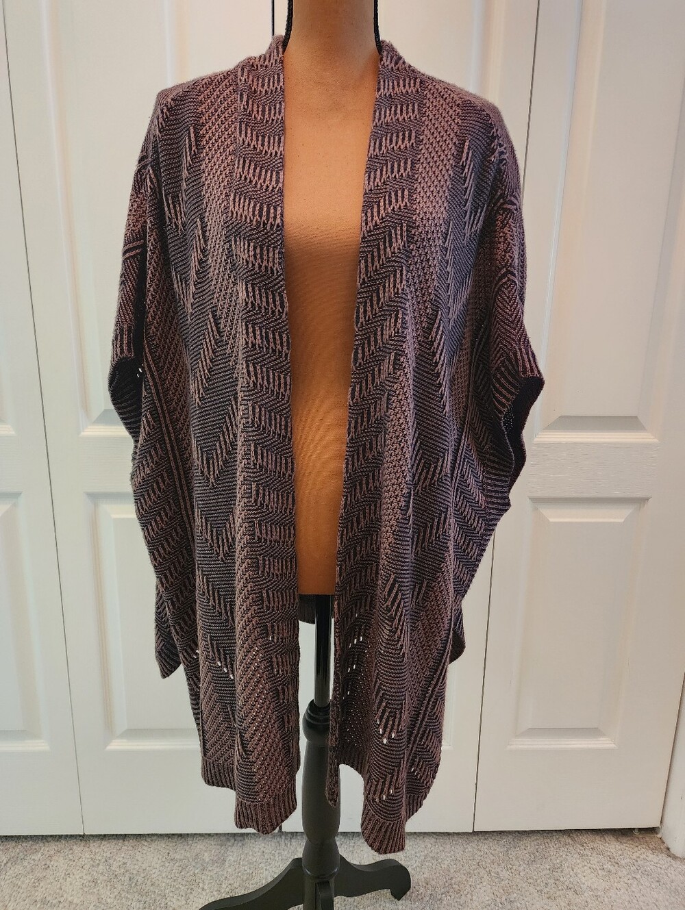 Chunky Knit Open Front Boho Cardigan Sweater Brown &Black Chevron Pattern
